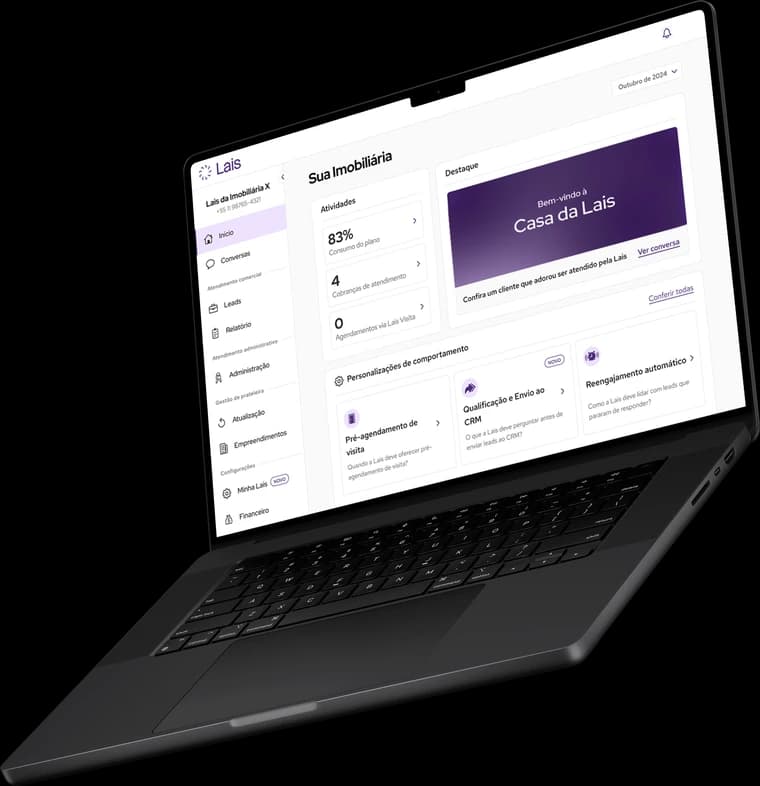 Plataforma da Lais no notebook e no celular — painel da imobiliária e atendimento por chat