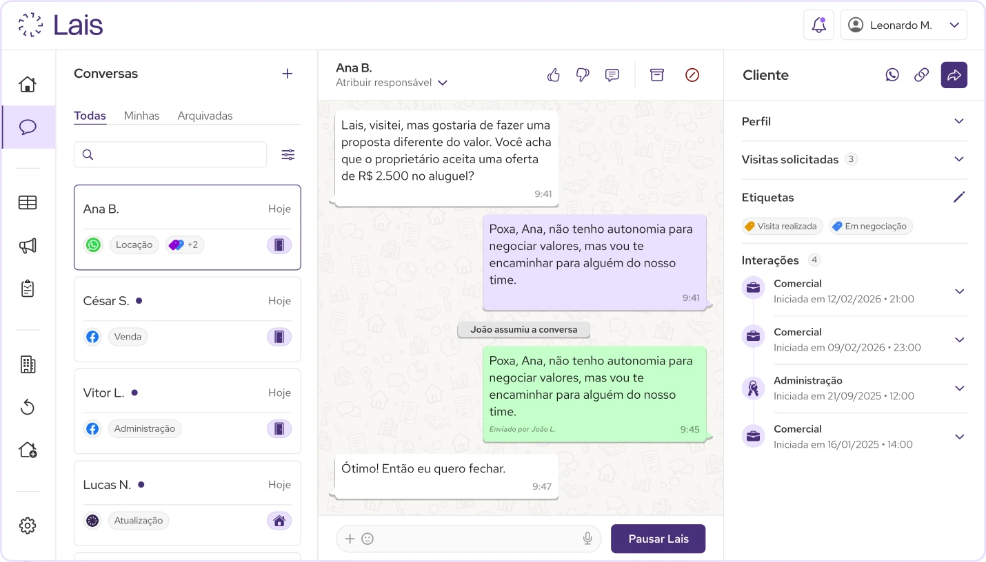 Gestão de atendimentos da Lais, a IA para imobiliárias, com a lista de conversas em tempo real, uma conversa aberta e o painel do cliente